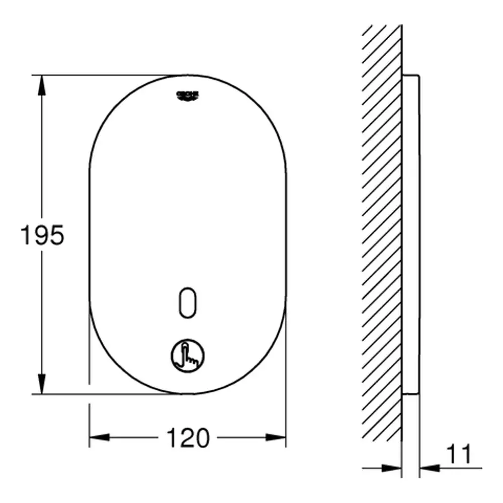 Weißes GROHE-Brausepaneel mit abgerundeter Form, mittig angeordneter Taste und einem Ausschnitt. Seitenansicht zeigt flaches Design mit einer Tiefe von 11 mm.