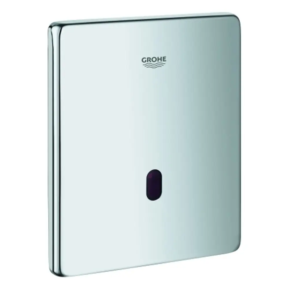 GROHE Bedienfeld in Chrom mit einem zentralen Sensor. Es dient zur Steuerung eines elektronischen Systems, klar und funktional gestaltet.
