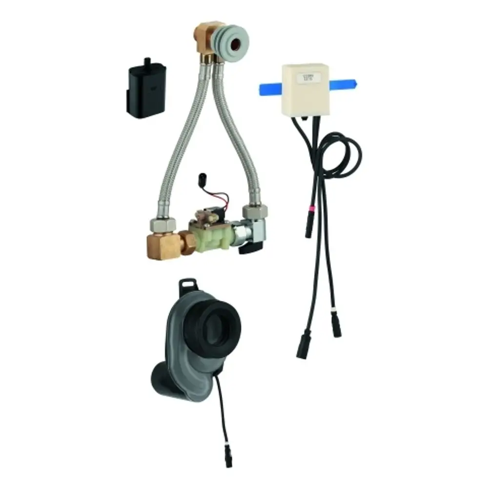 GROHE Temperatursensor mit Verbindungselementen, Schläuchen und Anschlusskabeln, dargestellt in einer Übersicht, zur Verwendung in Urinalen.