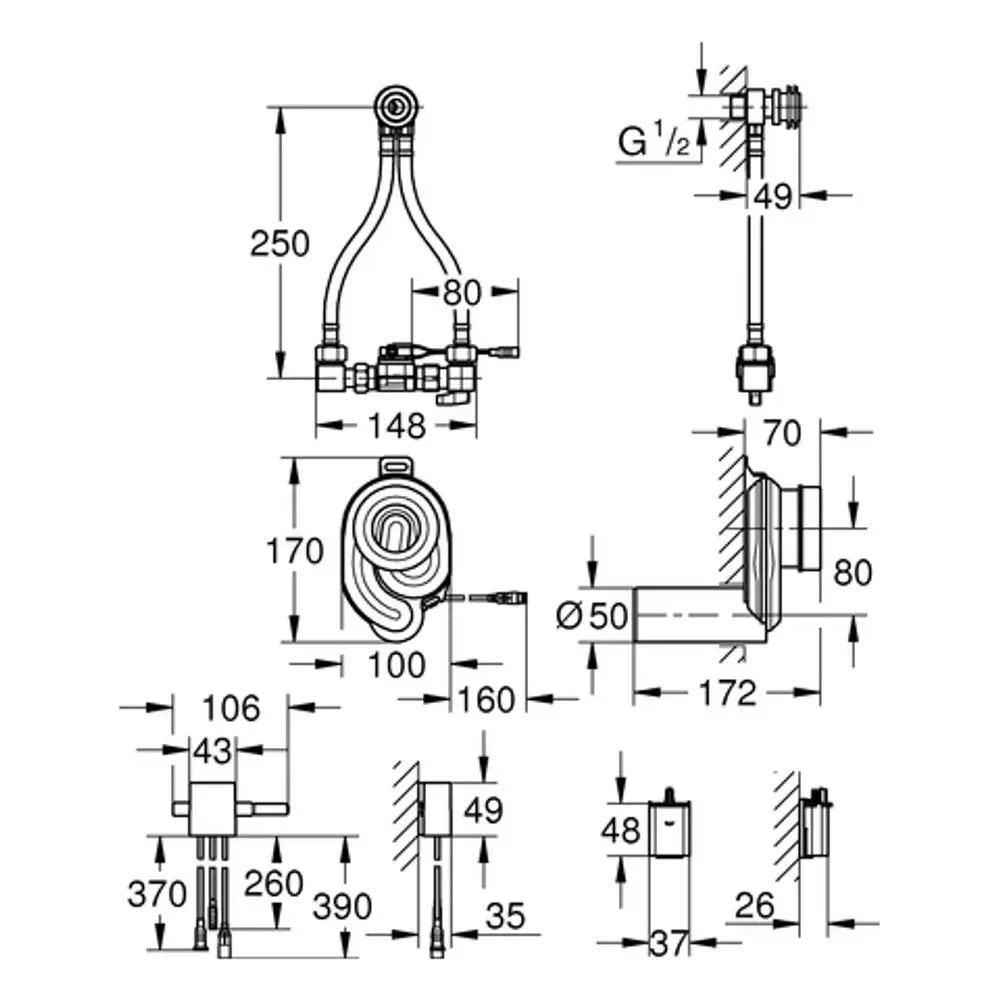 Grohe Temperatursensor mit verschiedenen Anschlussmöglichkeiten und Abmessungen, zur Verwendung in Urinalen, inklusive Montageskonstruktion.