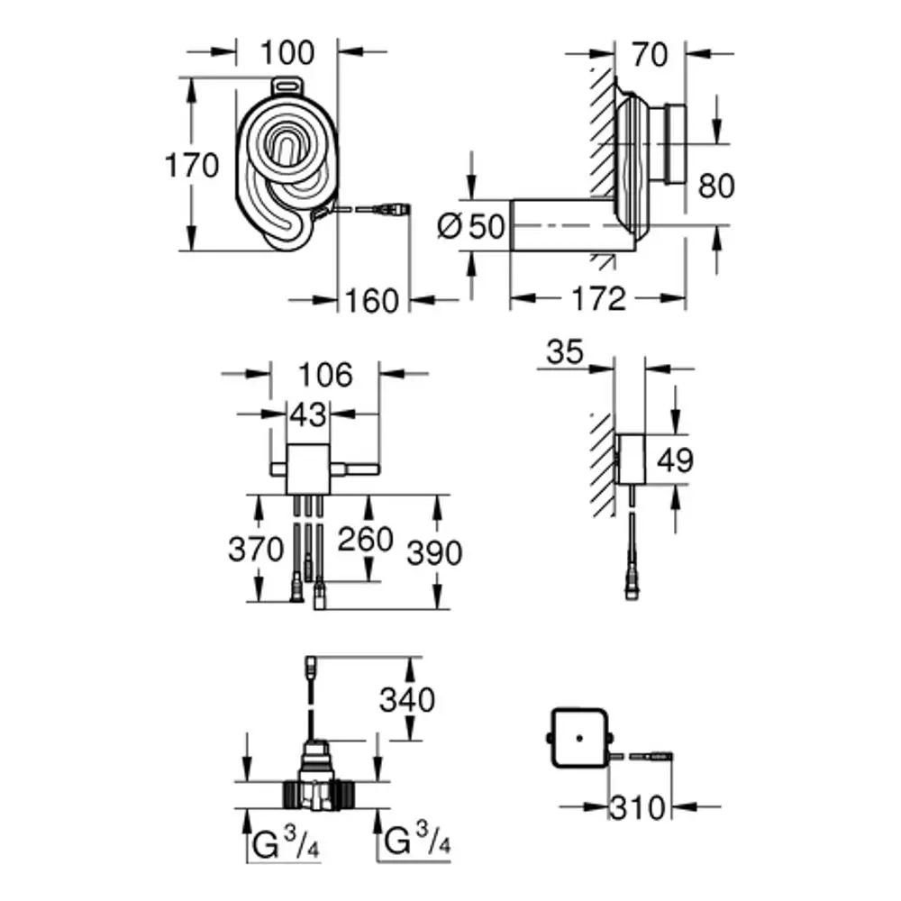Technische Zeichnung eines Grohe Temperatursensors mit verschiedenen Ansichten und Maßangaben, einschließlich Positionen für Anschluss und Montage.