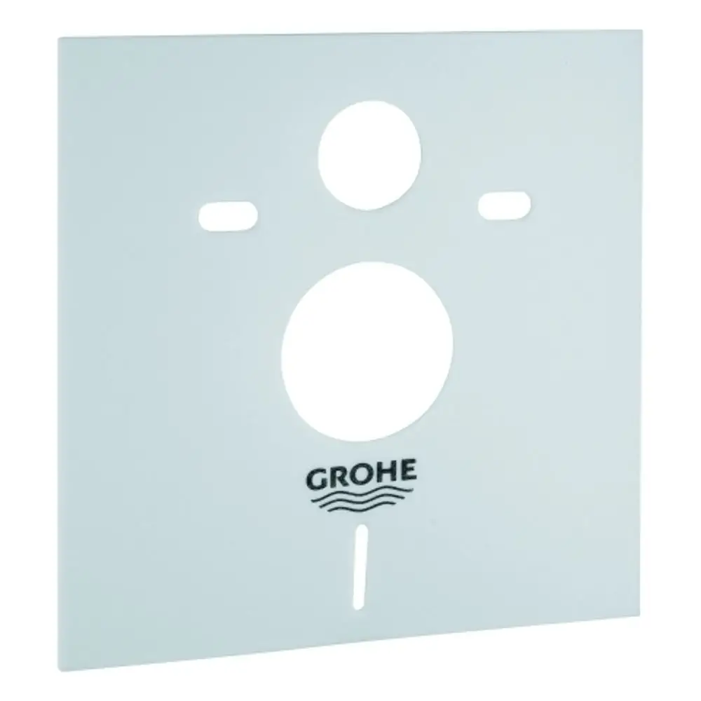 Weiße Montageplatte mit runden und länglichen Ausschnitten, gekennzeichnet mit der Marke Grohe. Verwendbar für Schallschutzanwendungen im Sanitärbereich.