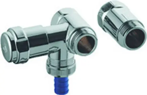 Chromfarbenes Anschlussventil von Grohe mit zwei Anschlussmöglichkeiten. Das Ventil hat einen seitlichen Anschluss und ermöglicht die Verbindung von Wasserleitungen.