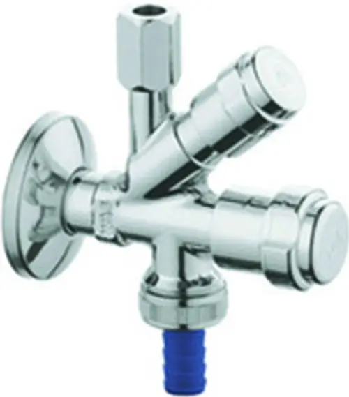 Grohe Kombieckventil in verchromter Ausführung mit mehreren Anschlüssen und Rückflussverhinderer, montiert an einer Wandplatte.