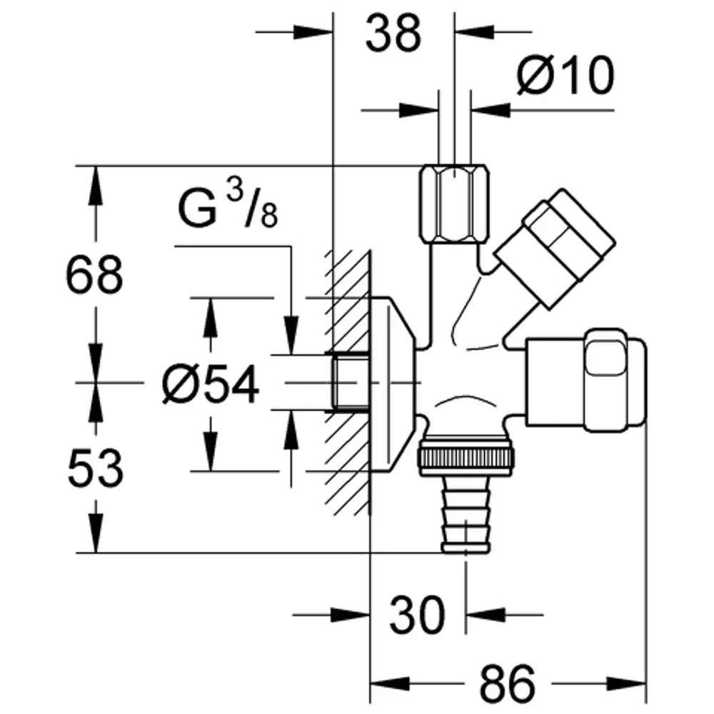 Diagramm eines GROHE Eckventils mit verschiedenen Anschlüssen und Maßen, dargestellt in Seitenansicht. Technische Details wie Durchmesser und Verbindungstyp sind angegeben.