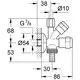 Diagramm eines GROHE Eckventils mit verschiedenen Anschlüssen und Maßen, dargestellt in Seitenansicht. Technische Details wie Durchmesser und Verbindungstyp sind angegeben.