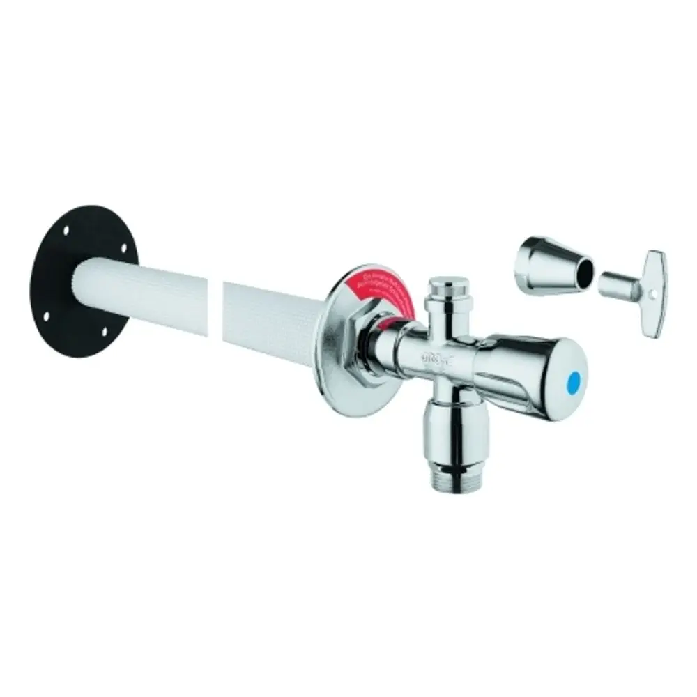 Grohe Außenwandventil mit Rohrbelüfter in mattem Chrom, bestehend aus Ventilelement und Anschlussrohr. Montageplatte zur Wandbefestigung sichtbar.