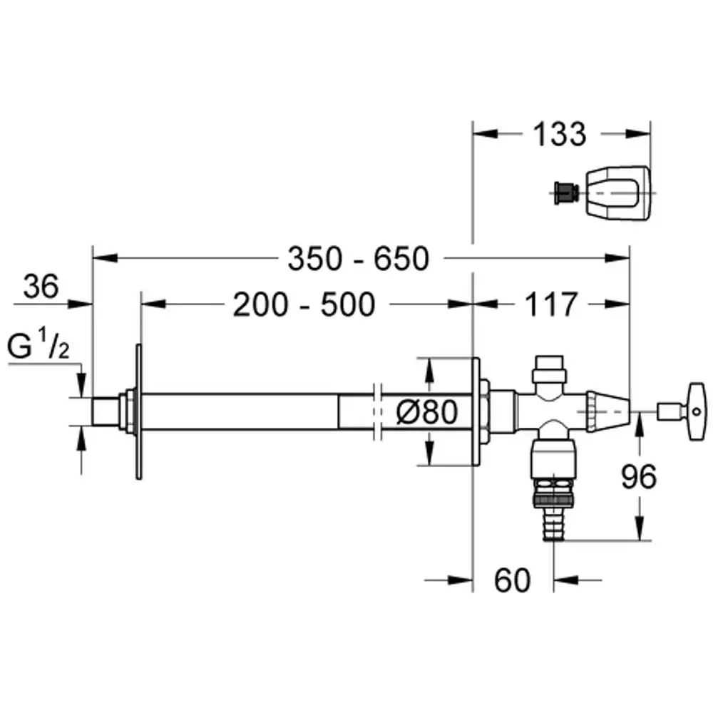 GROHE Außenwandventil mit angeordnetem Rohrbelüfter, gezeichnet in technischem Ansatz mit Dimensionen und Verbindungen zur Montage.
