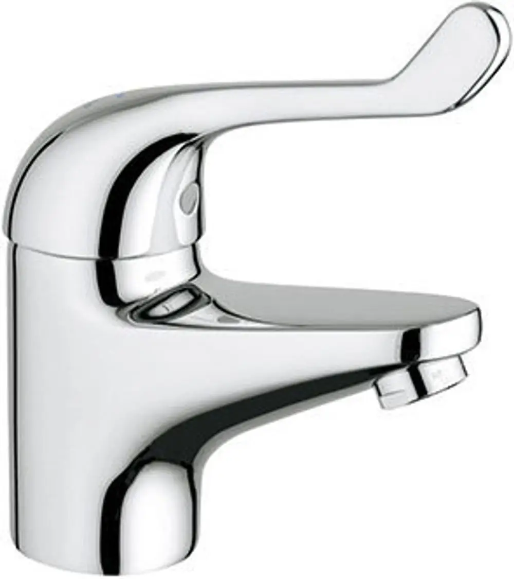 Kromfarbener Mischwasserhahn von Grohe mit einem langen Griff für die Bedienung. Der Körper weist ein glattes Design auf.