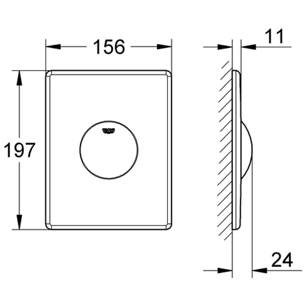 Weißes Betätigungsfeld von Grohe in rechteckiger Form, mit zentraler Betätigungstaste. Seitenansicht zeigt die Montagehöhe und Bauform.