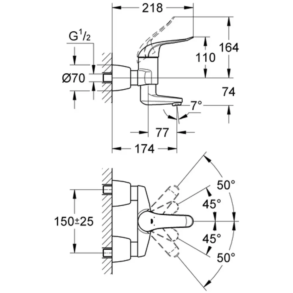 Ein diagrammatisches Produktbild eines Grohe-Armaturenmodells, mit spezifischen Maßeinheiten und Installationshinweisen in technischer Zeichnung.