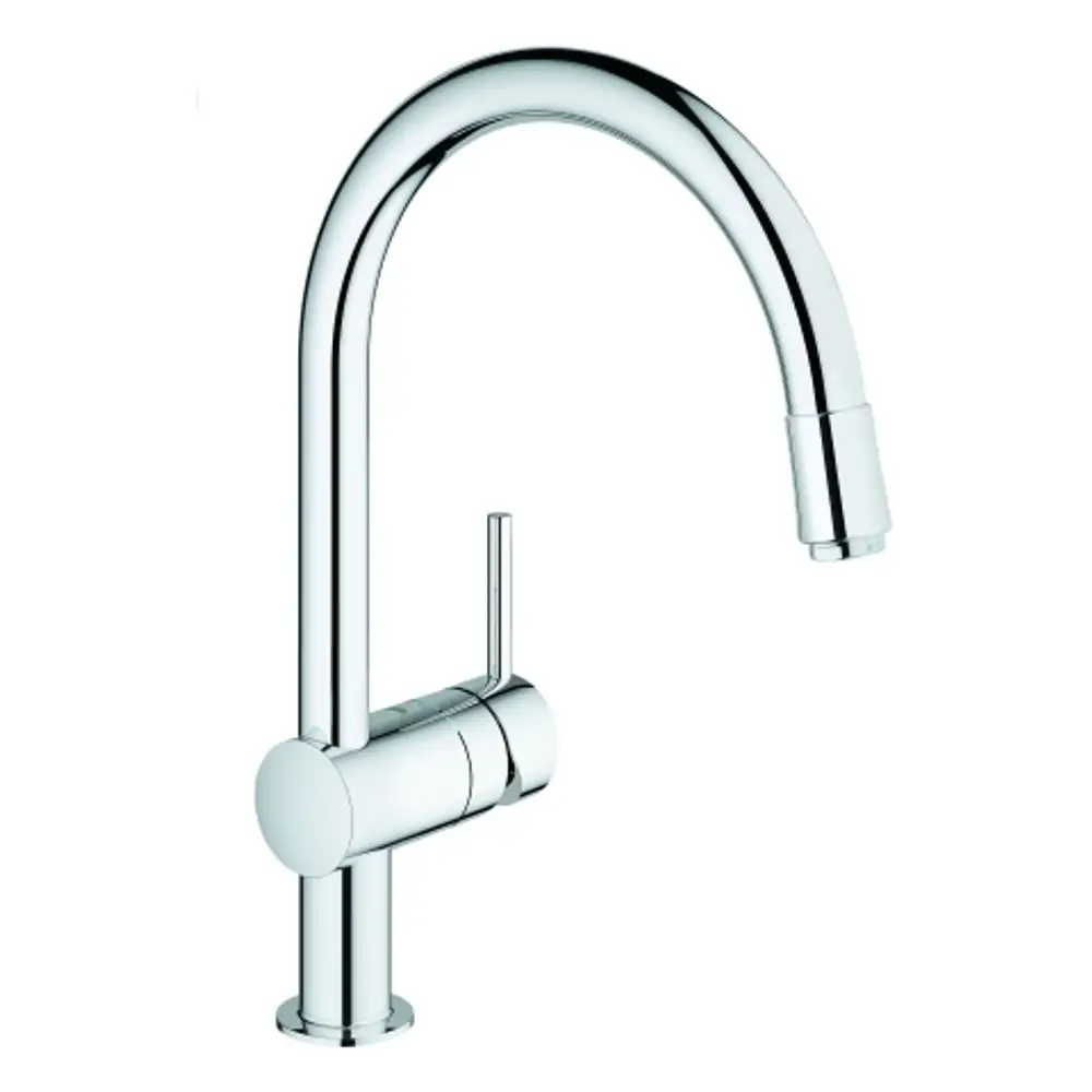 Grohe Küchenarmatur mit schlankem, gebogenem Auslauf und einem Hebel. Die Oberfläche ist glänzend verchromt. Der Auslauf verfügt über eine herausziehbare Funktion.