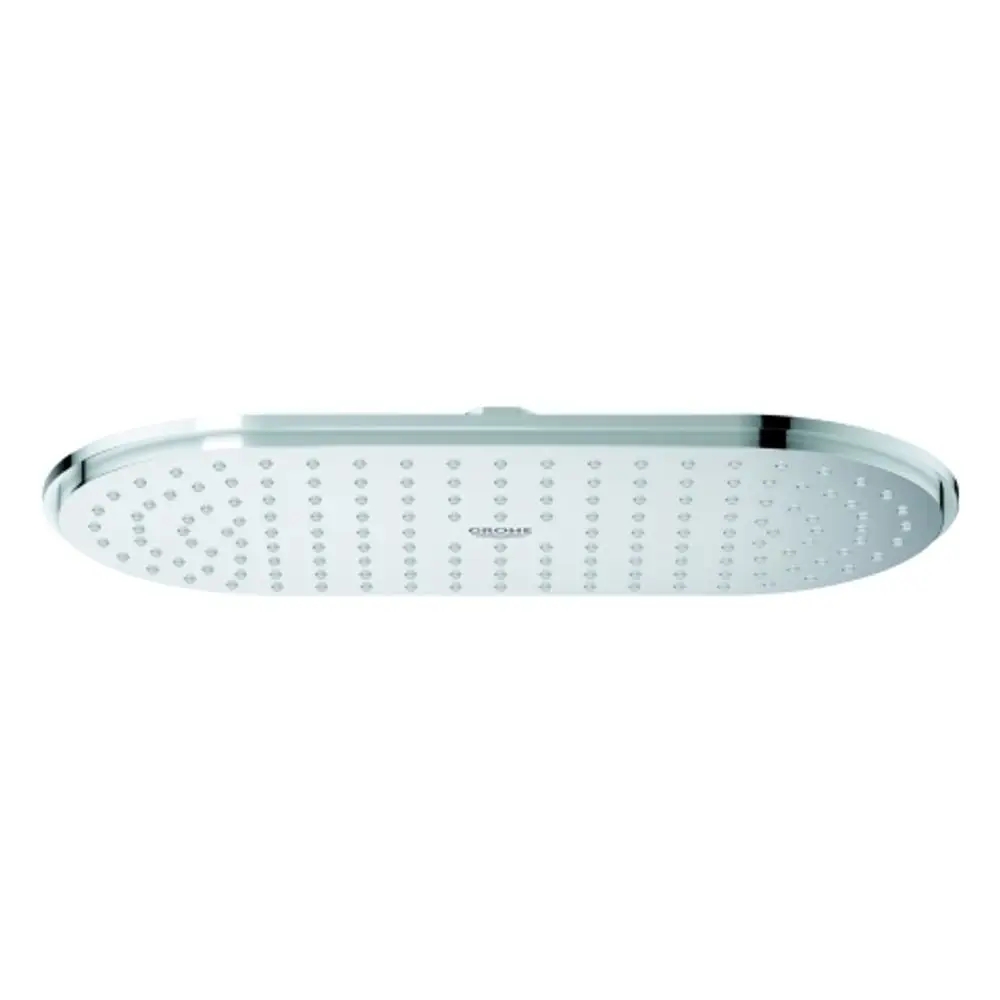 Grohe Kopfbrause mit ovaler Form und gleichmäßig angeordneten Wasseröffnungen, in glänzendem Chrom-Finish.