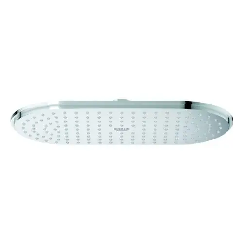 Große, ovale Regendusche mit mehreren Düsen und glänzender Chrom-Oberfläche, ideal für ein luxuriöses Duscherlebnis.