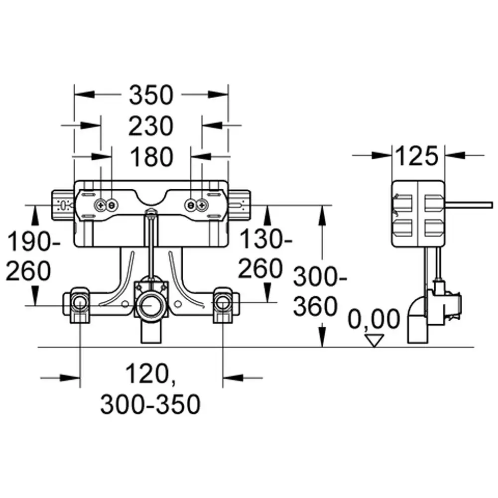 Schemazeichnung eines Grohe Bidet-Elements mit Maßangaben und Ansichten. Das Bild zeigt die Konstruktion und dimensionsbasierte Details ohne Tragestützen.