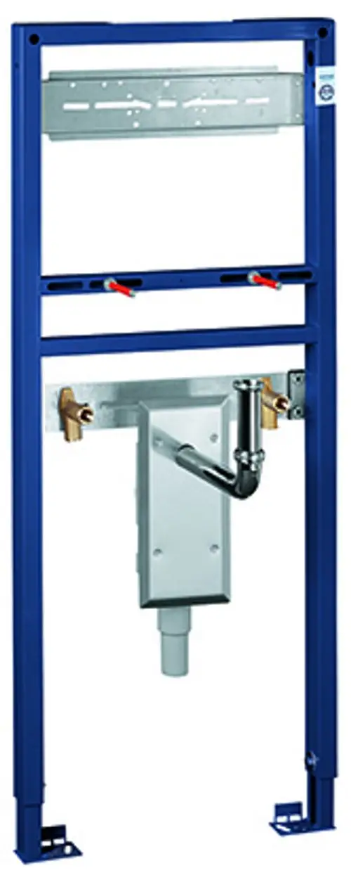 GROHE Waschtisch-Element in blauer Montagekonstruktion mit UP-Geruchverschluss. Bestandteile sind Rohrleitungen und ein Zuleitungssystem.