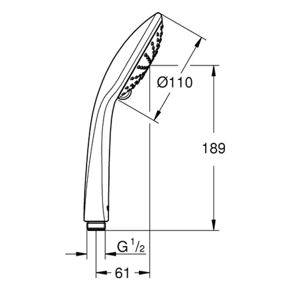 Handbrause von Grohe mit ergonomischem Design, ovalem Kopf und verschiedenen Strahlarten. Maße und Anschlussdetails nicht sichtbar.