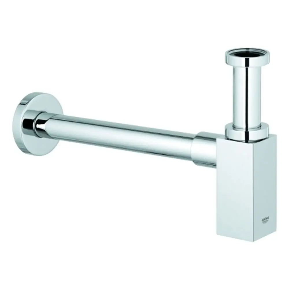 Grohe Geruchsverschluss in Chrom, eckige Form mit einer runden Wandmontage und einem vertikalen Abflussrohr für einen Waschtisch.