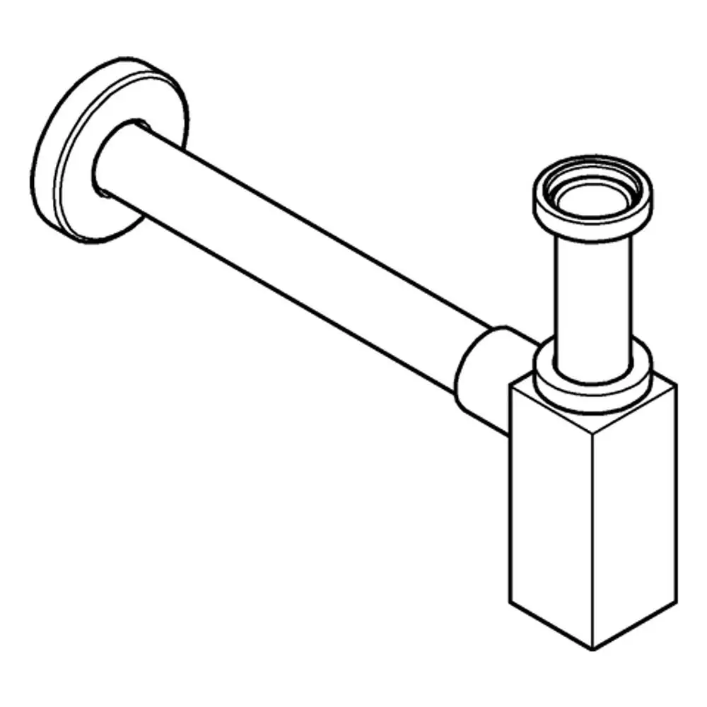 Geruchsverschluss von Grohe, aus einem eckigen, metallischen Körper mit einem Rohr, das zur Verbindung mit einem Waschtisch dient.