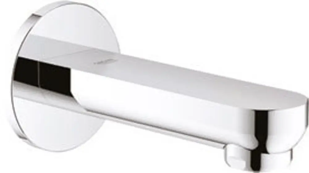 Chromfarbener Wand-Wanneneinlauf von Grohe mit rechteckigem Auslauf. Die Montage erfolgt an der Wand, das Design ist schlicht und funktional.