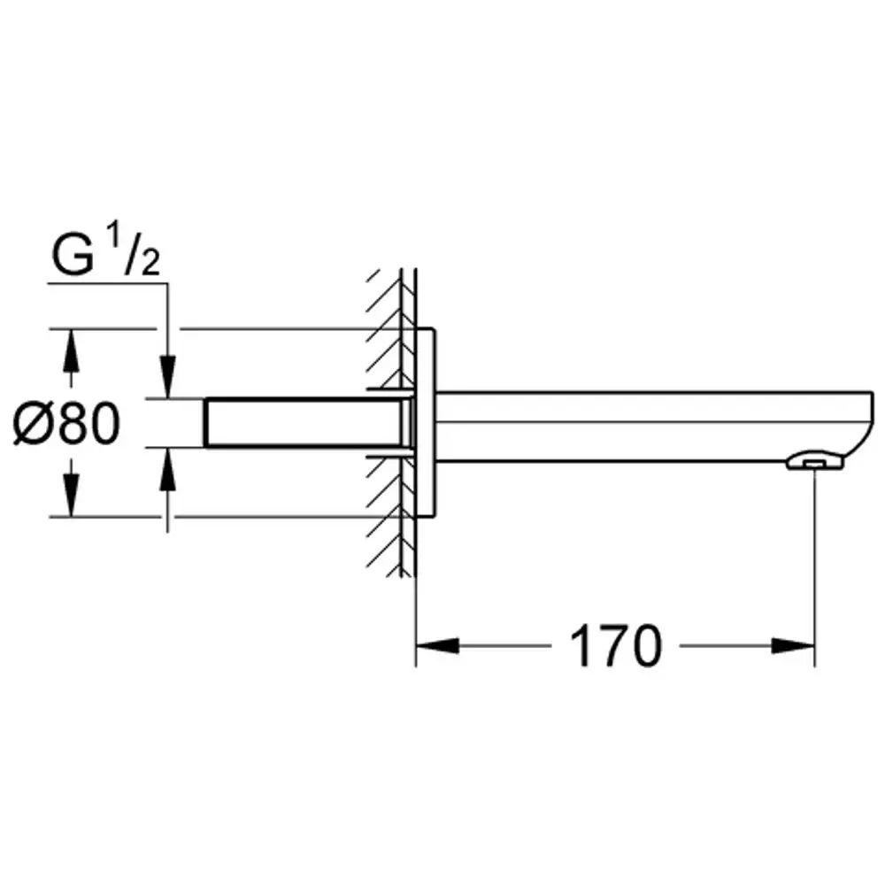 Grohe Wandmontage mit einem runden Kopf, Rohr und Flansch. Das Produkt hat einen Durchmesser von 80 mm und eine Länge von 170 mm.