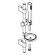 Halterung zur Befestigung einer Brause mit Seifenschale, ausgestattet mit verschiedenen Rohrverbindungen und einem Chrom-Finish. Grohe-Design erkennbar.
