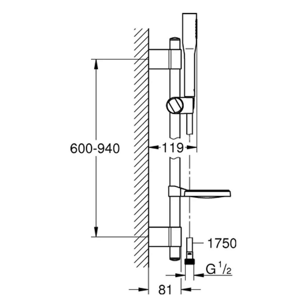 Grohe Duscharmatur mit Halterung, Wasseranschluss und Seifenschale, seitlicher Hebelgriff zur Wasserregulierung, montiert an einer Wand. Maße und Details nicht sichtbar.