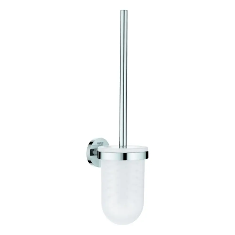 Wandmontierte Toilettenbürstengarnitur von Grohe mit chromatischem Halter und einem weißen Behälter, der eine Bürste enthält.