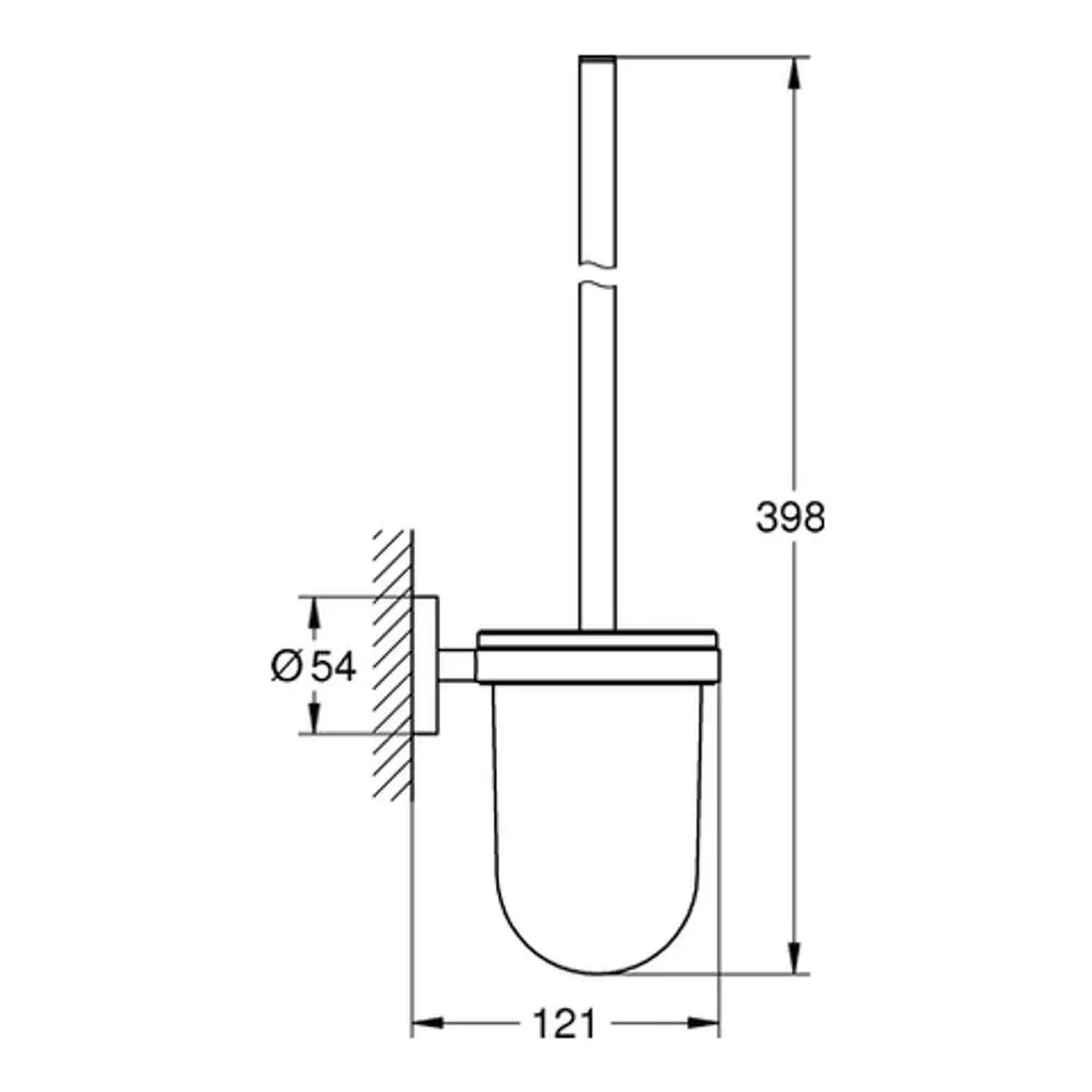 Wandmontierte Toilettenbürstengarnitur von Grohe mit runder Halterung und transparenter Bürstenkopf-Bauform. Diagramm zeigt Maße und Montageanleitung.