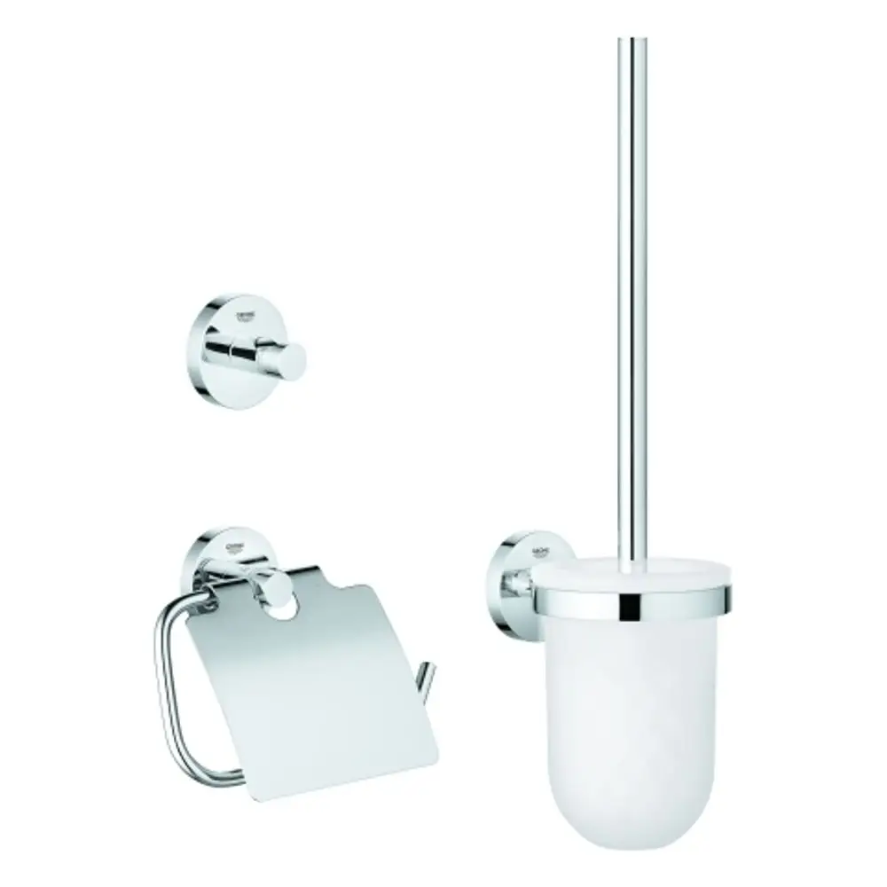 Wandmontiertes Badezimmer-Set von Grohe mit Toilettenbürste, Halterung und WC-Papierhalter in verchromter Ausführung.