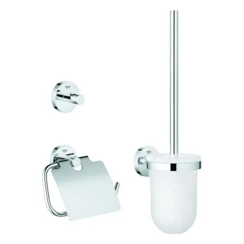 Wandmontiertes Badezimmer-Set von Grohe mit Toilettenbürste, Halterung und WC-Papierhalter in verchromter Ausführung.