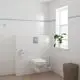 Weißes WC mit Druckspülung und integrierter Toilettenpapierhalterung in einem hellen, gefliesten Raum. Grohe-Element im Hintergrund. Pflanzen im Fenster.