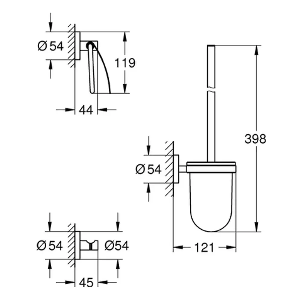 Technische Zeichnung eines Grohe WC-Sets mit Halterung, aus der Seitenansicht und Vorderansicht, inklusive Maßangaben für Montagespezifikationen.