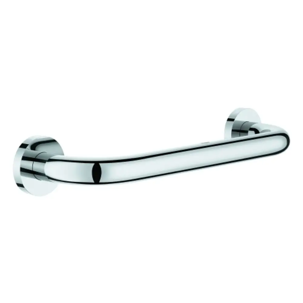GROHE Griff aus Metall in Chrom-Optik, montiert an einer Wand. Das Design ist einfach und funktional, geeignet für Badezimmeranwendungen.