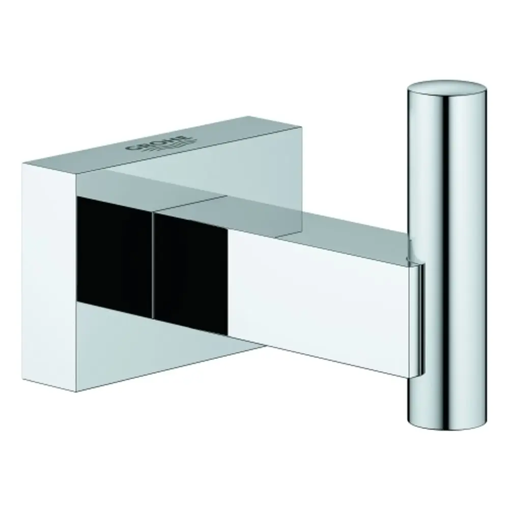 GROHE Bademantelhaken in quadratischer Form, aus verchromtem Metall, wandmontiert, mit einer geraden horizontalen Hakenfläche und einem runden Ende.