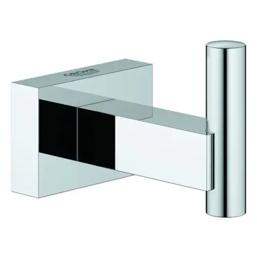 GROHE Bademantelhaken in quadratischer Form, aus verchromtem Metall, wandmontiert, mit einer geraden horizontalen Hakenfläche und einem runden Ende.