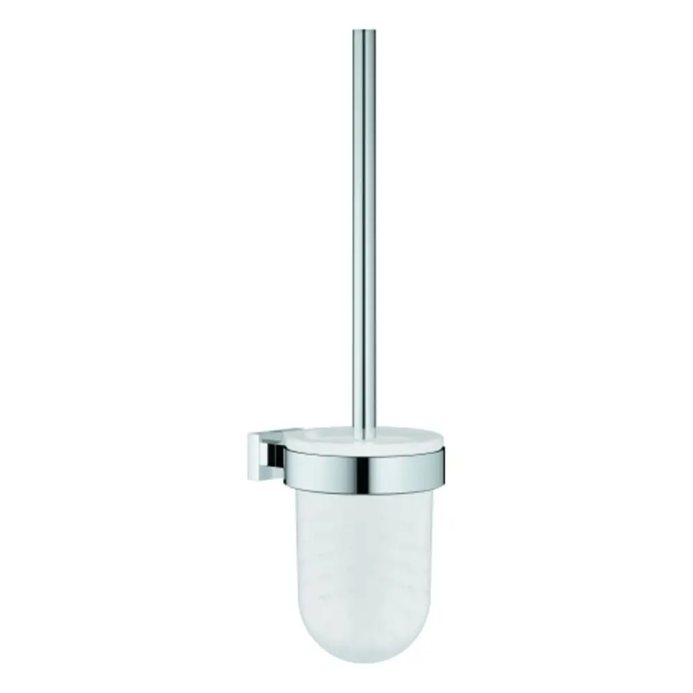 Wandmontierte WC-Bürstengarnitur von Grohe mit einem chromfarbenen Metallgestell und einem transparenten Kunststoffbehälter.