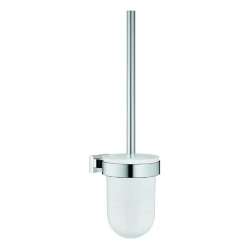 Wandmontierte WC-Bürstengarnitur von Grohe mit einem chromfarbenen Metallgestell und einem transparenten Kunststoffbehälter.