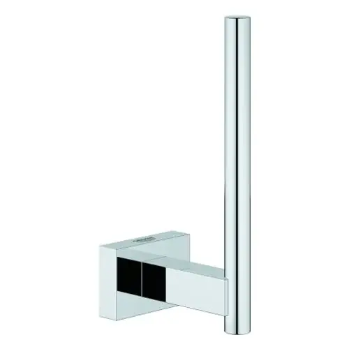 Grohe Wandmontage-Toilettenpapierhalter aus Metall in Chromoptik. Der Halter hat eine quadratische Basis und einen vertikalen, runden Stab für die Papierrollen.