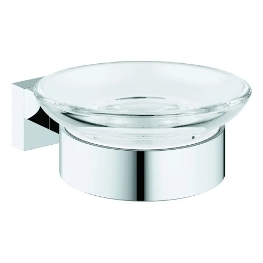 Grohe Seifenschale aus Glas mit Chromhalterung, die an der Wand befestigt ist. Schale in rundem Design, geeignet für Badezimmernutzung.