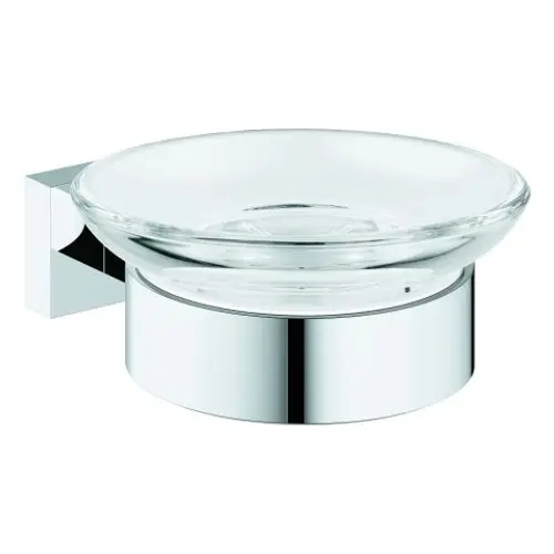 Grohe Seifenschale aus Glas mit Chromhalterung, die an der Wand befestigt ist. Schale in rundem Design, geeignet für Badezimmernutzung.