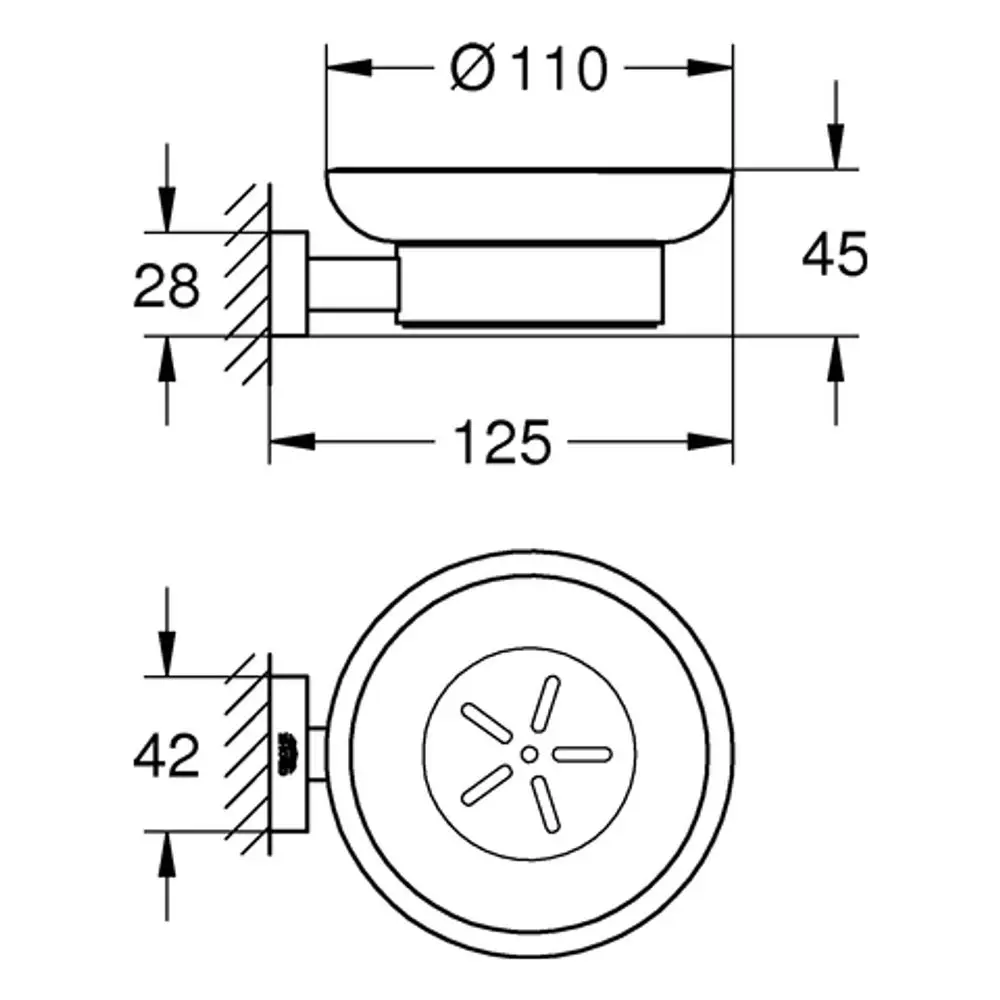 Grohe Seifenschale mit Halter in runder Form, gezeigt in Draufsicht und Seitenansicht. Maße und Details sind schematisch dargestellt.