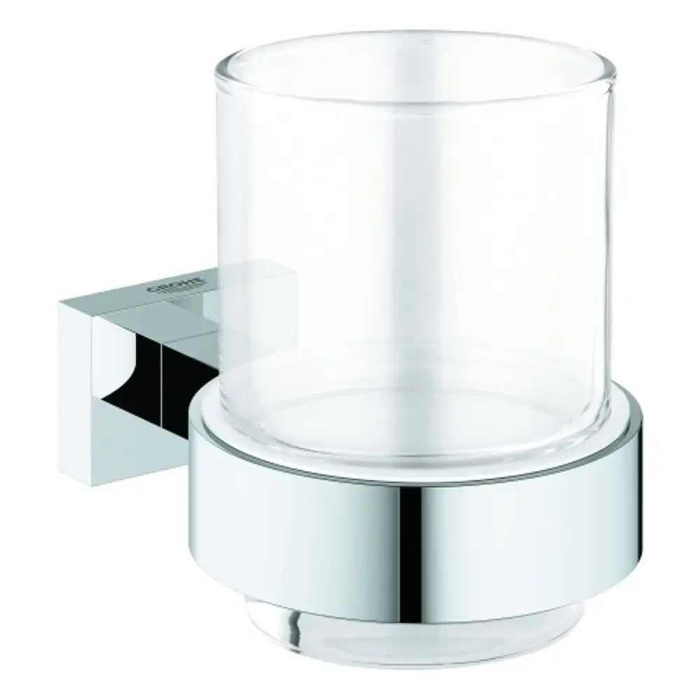 Wandmontierter Halter aus verchromtem Metall mit einem transparenten Glasbehälter, gestaltet von Grohe.