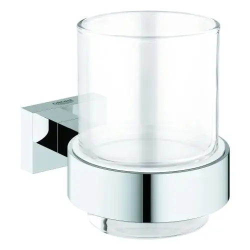 Wandmontierter Halter aus verchromtem Metall mit einem transparenten Glasbehälter, gestaltet von Grohe.