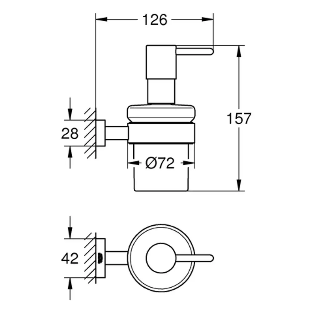 GROHE Seifenspender in chromfarbenem Design, mit einer Halterung, dargestellt in Seitenansicht und Draufsicht. Maße sind im technischen Zeichnungsstil vermerkt.