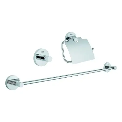 Set aus drei Badezimmer-Accessoires von Grohe, bestehend aus einem Handtuchhalter und einer Toilettenpapierhalterung, beide in verchromter Ausführung.