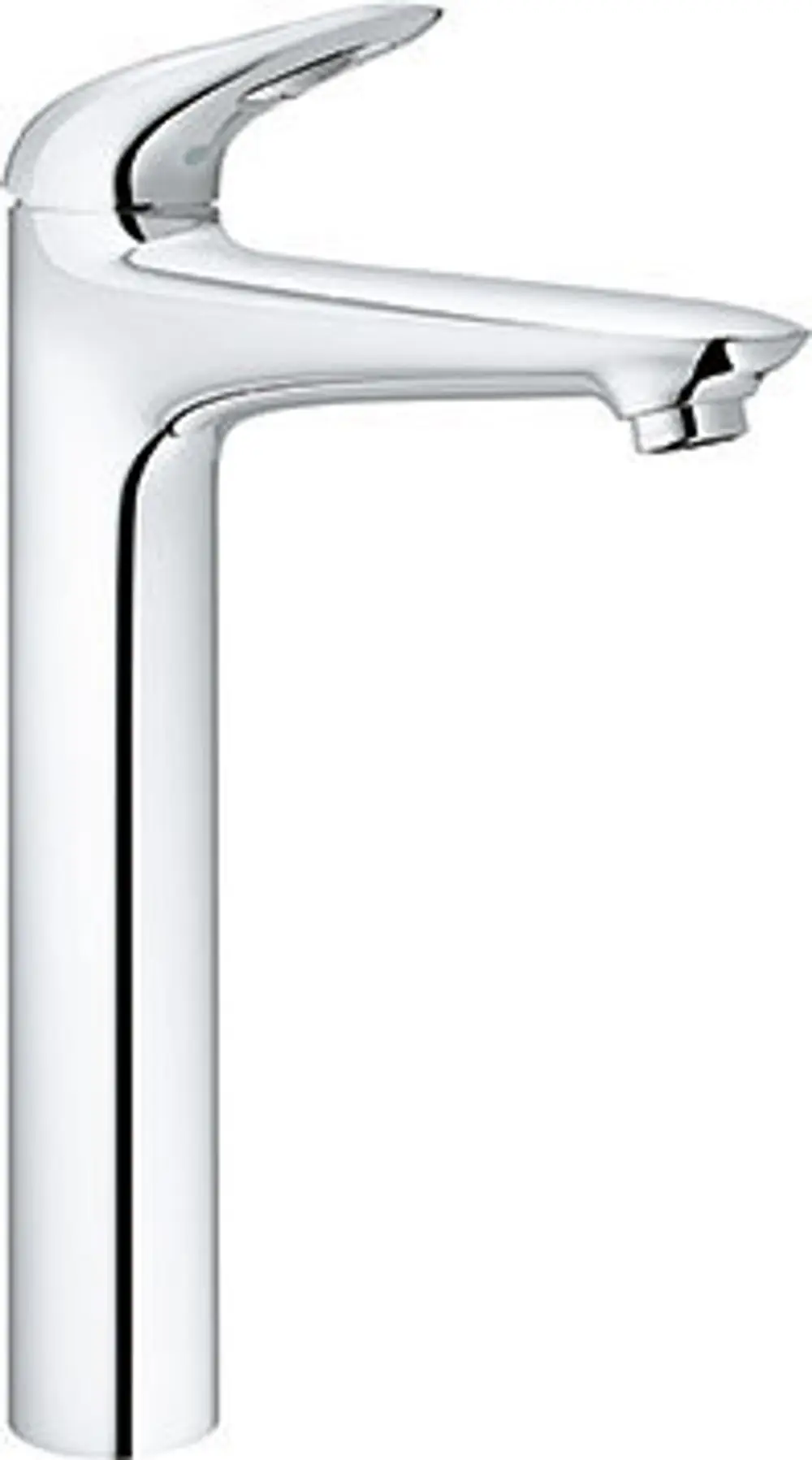 Grohe Armatur mit verchromtem Finish und schmalem, glatten Körper. Das Design zeigt einen langen, zylindrischen Hals und einen flachen Auslauf.