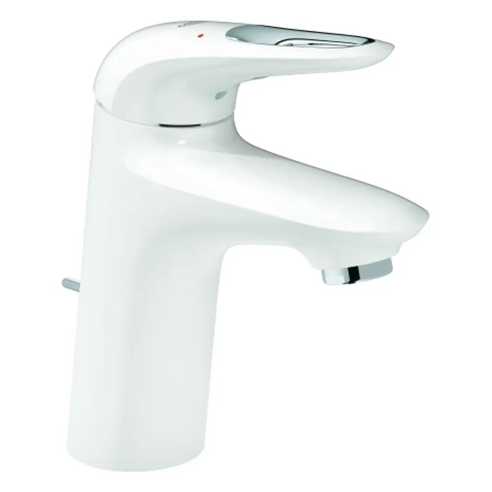 Grohe Waschtischbatterie in moon white mit chromfarbenem Hebel und Auslauf, zum Einbau in einem Badezimmer.