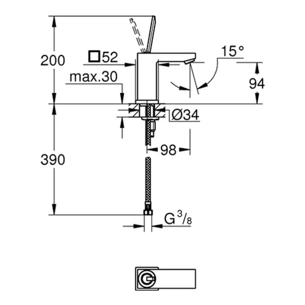 Grohe-Waschtischbatterie mit einem glatten Körper, Hebel und flexiblen Anschlüssen, dargestellt in einem technischen Diagramm mit Maßen und Montageinformationen.