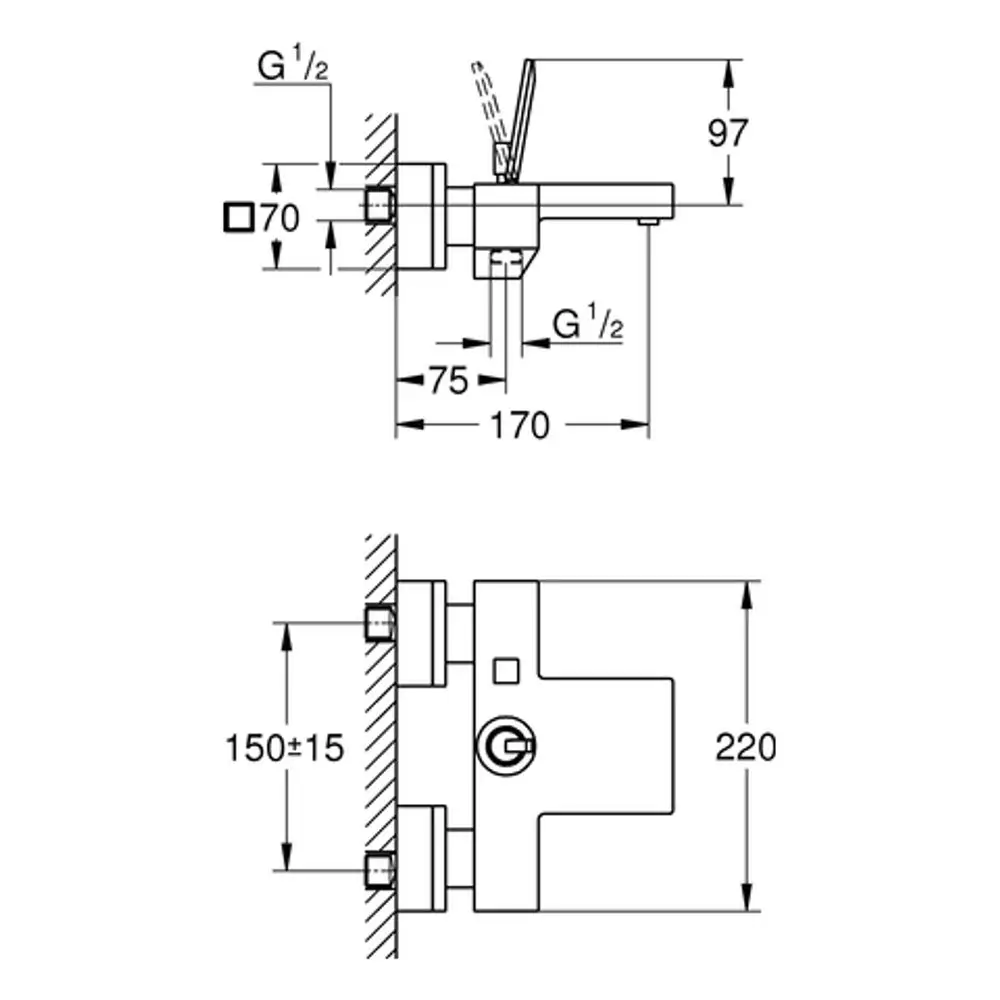 Technische Zeichnung einer Wandmontagearmatur von Grohe mit verschiedenen Maßangaben und Anschlussdetails für Wasserleitungen.